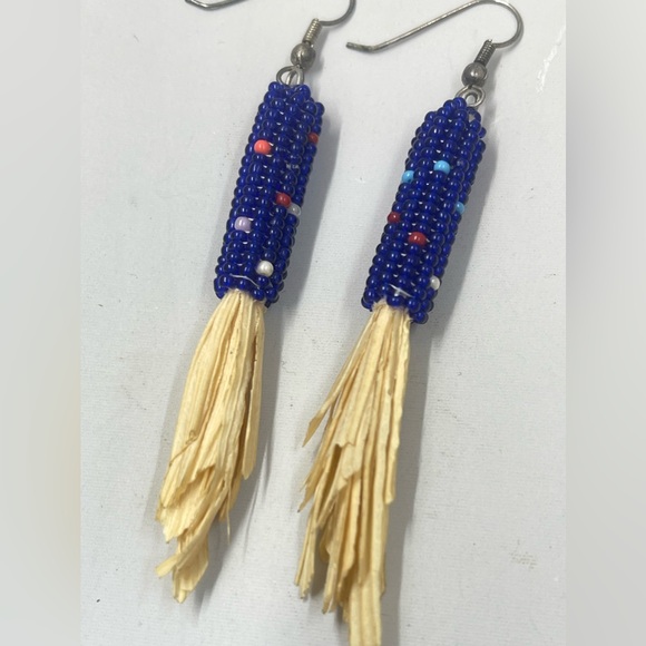 Indian Corn Maize Earrings Navajo Native American Blue Seed Beads Beaded Dangle - Picture 2 of 3